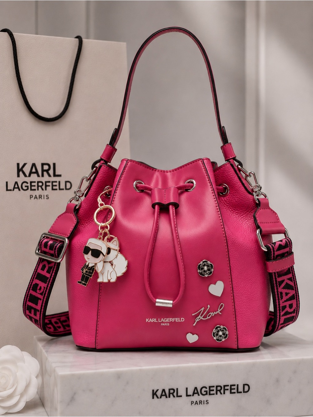 Pink Drawstring Bucket Crossbody Bag + KARL & CHOUPETTE DUO BAG CHARM - Picture 3 of 17